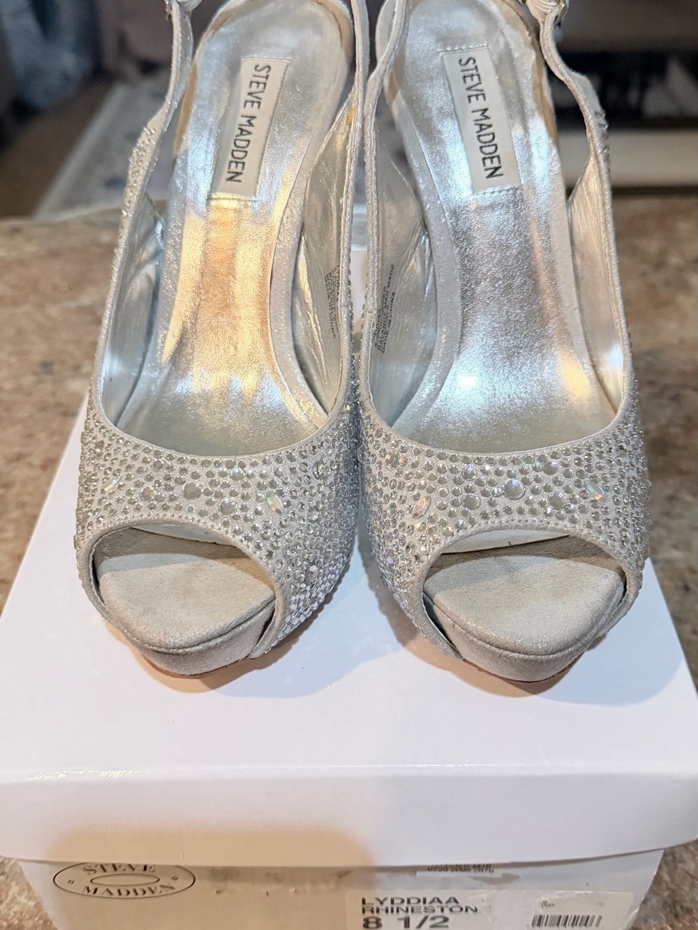 Steve Madden Silver Crystal Peep-Toe Slingback Heels